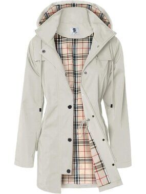 Women's Beige Long Hooded Rain Jacket Outdoor Raincoat Windbreaker Coats